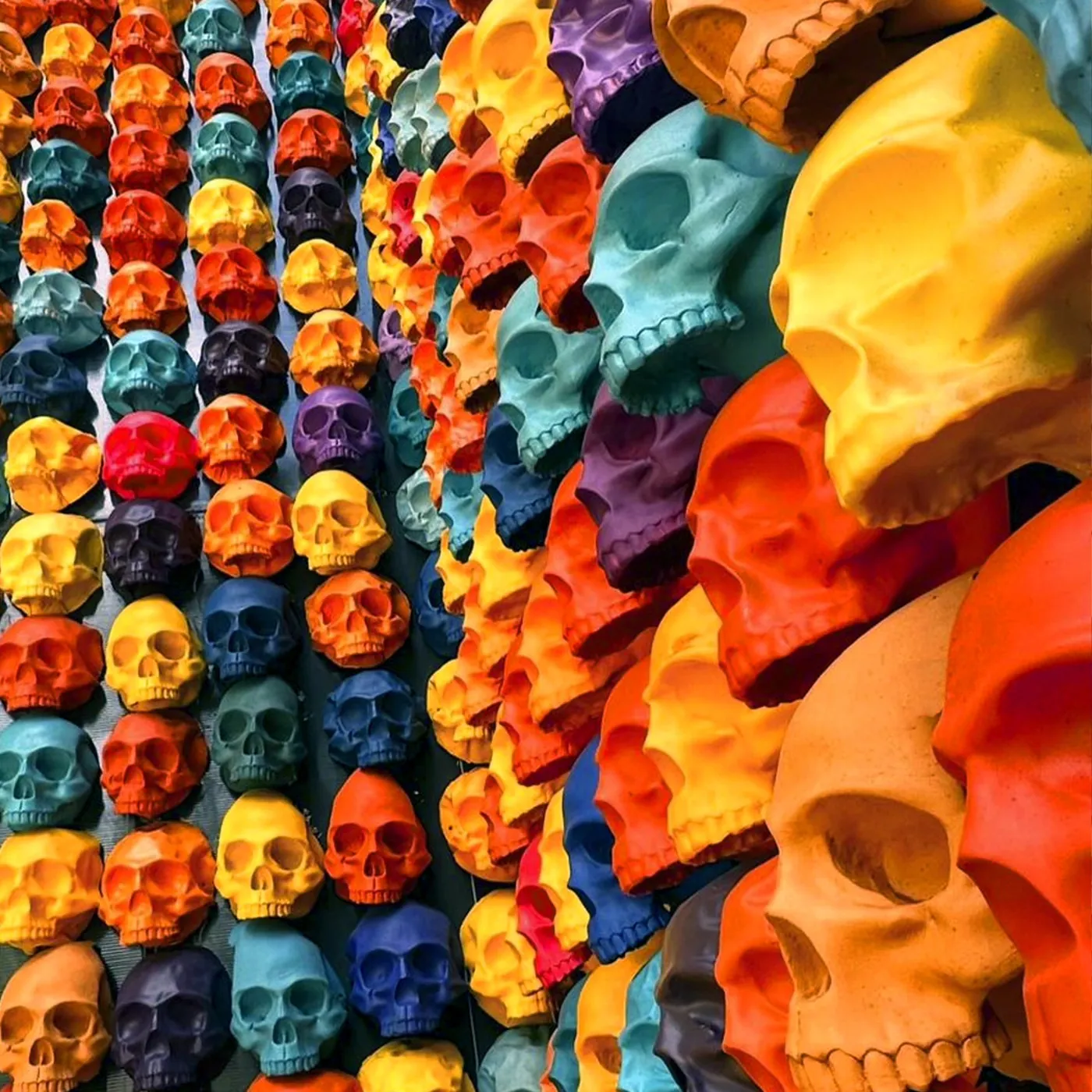 Cráneos pintados de amarillo, naranja, azul y rojo cubren una pared